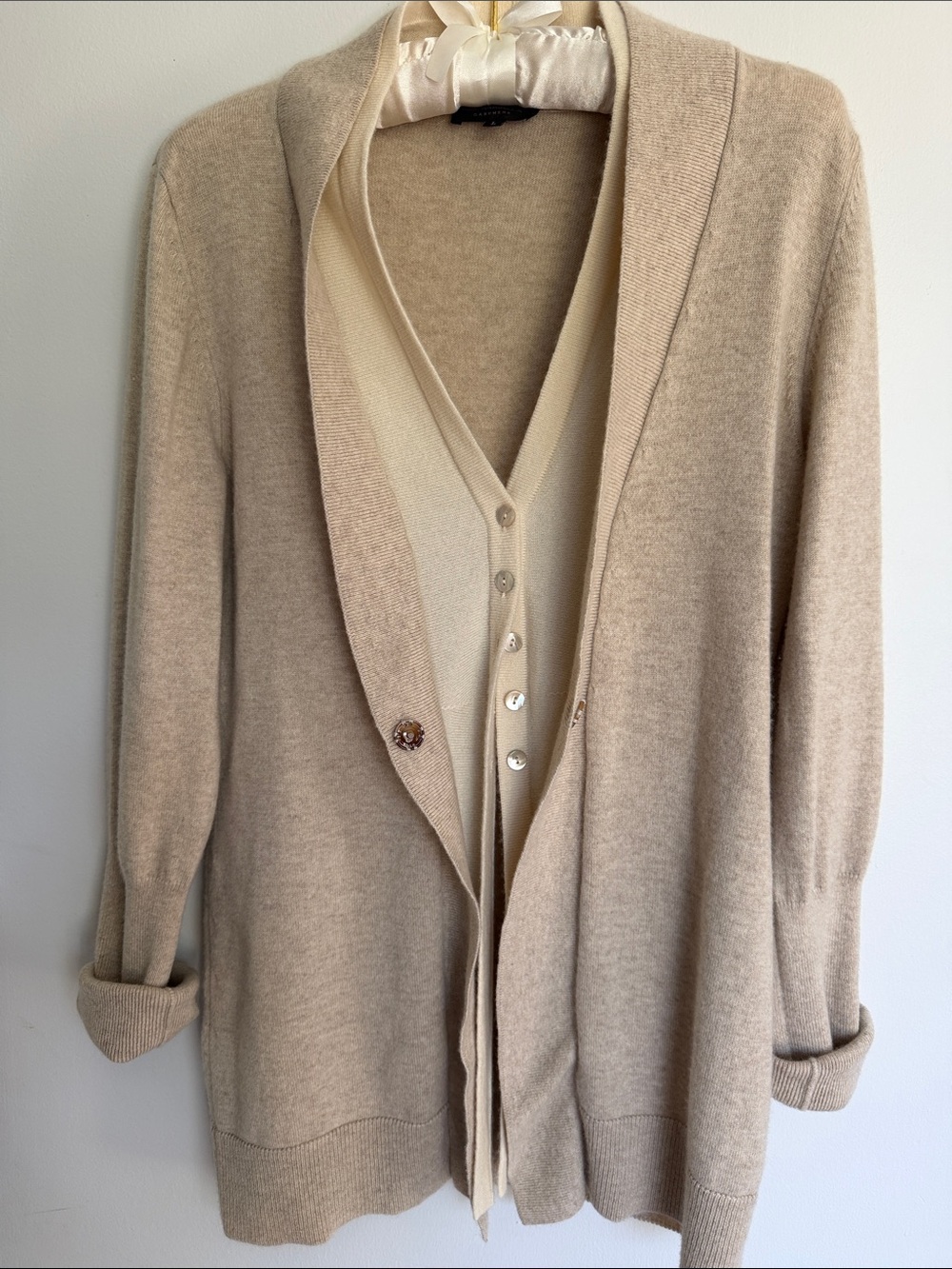 Rani Arabella Beige Layered Shawl Collar Cardigan double closure